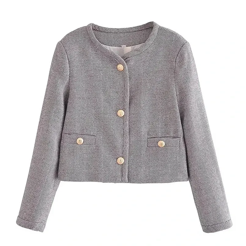 Fashion Tweed Jacket For Women Autumn Winter Long Sleeve Single Breasted Cropped Coat Female Solid O-neck Pocket Outwear Top