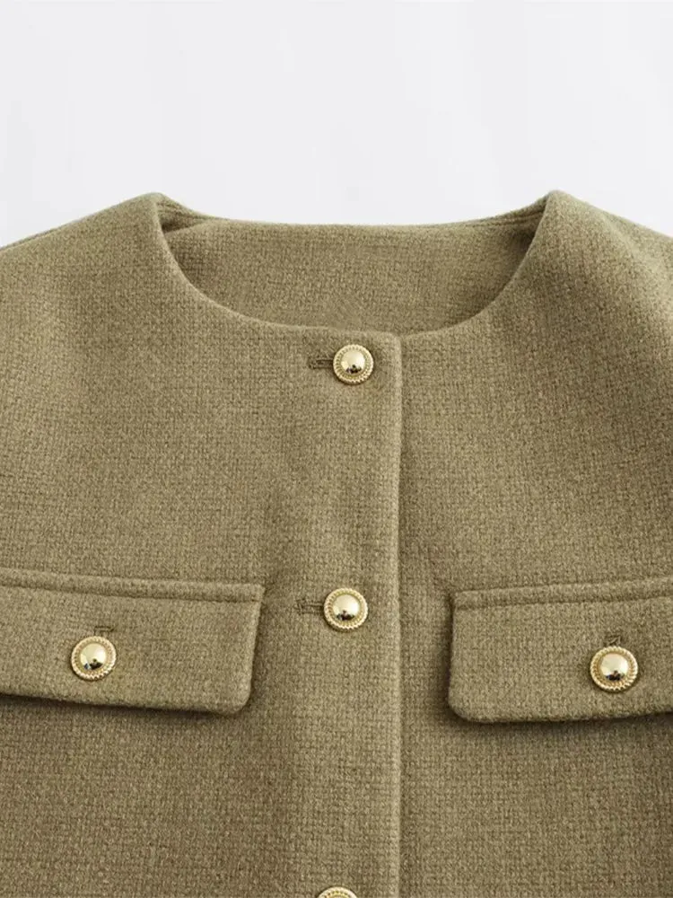 Fashion Tweed Jacket For Women Autumn Winter Long Sleeve Single Breasted Cropped Coat Female Solid O-neck Pocket Outwear Top