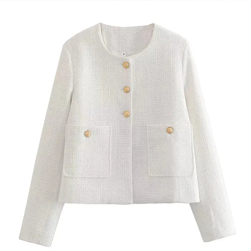 Fashion Tweed Jacket For Women Autumn Winter Long Sleeve Single Breasted Cropped Coat Female Solid O-neck Pocket Outwear Top