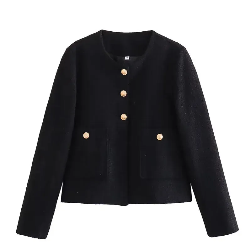 Fashion Tweed Jacket For Women Autumn Winter Long Sleeve Single Breasted Cropped Coat Female Solid O-neck Pocket Outwear Top