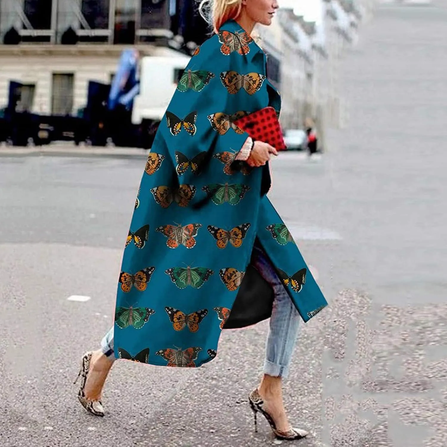 Fashion Women Printed Pocket Jacket Outerwear Cardigan Overcoat Long Trench Coat