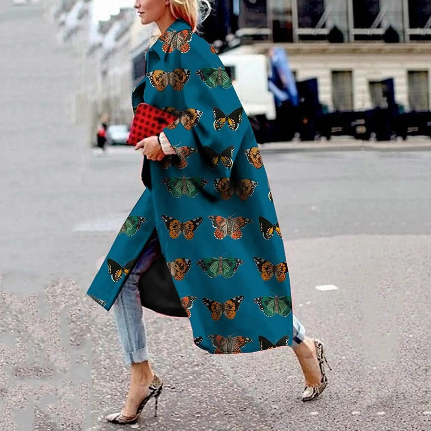 Fashion Women Printed Pocket Jacket Outerwear Cardigan Overcoat Long Trench Coat