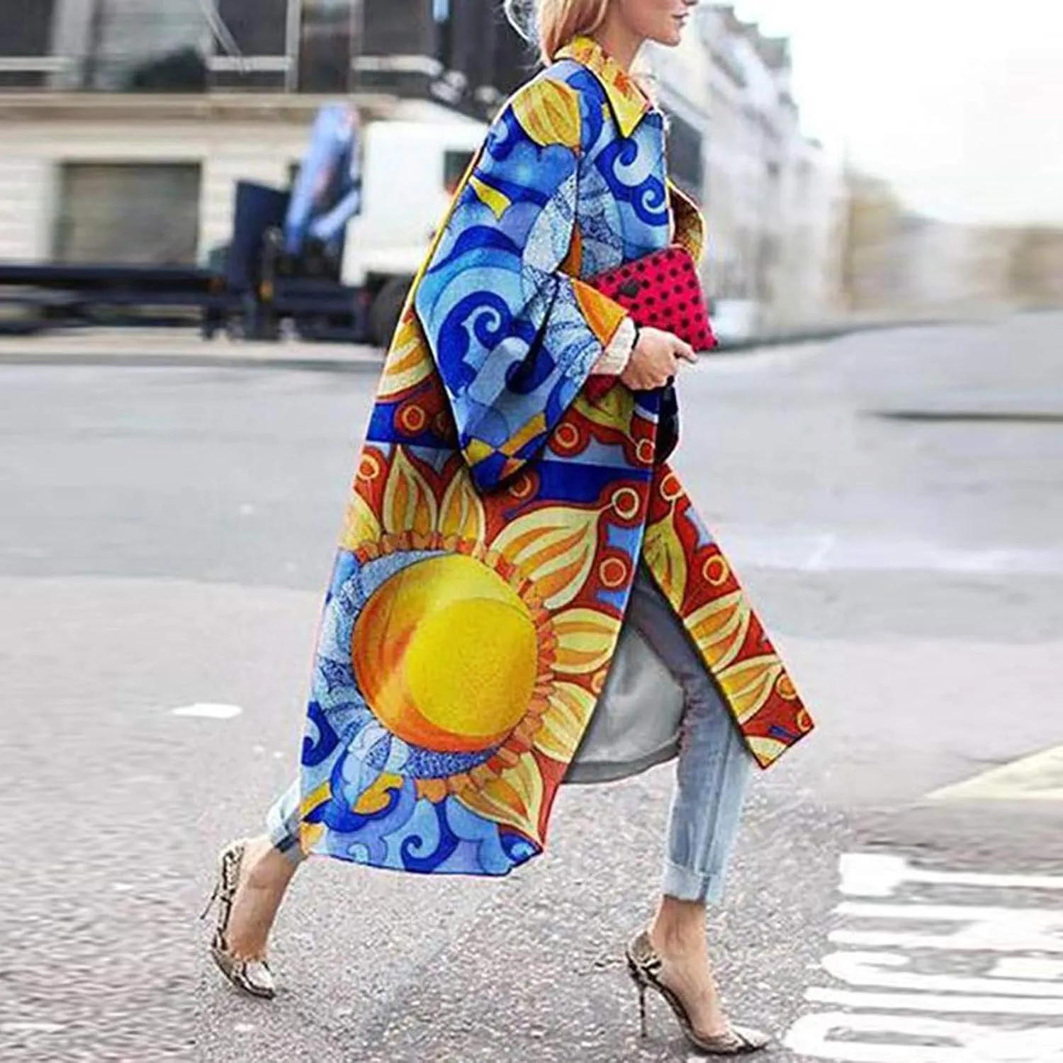 Fashion Women Printed Pocket Jacket Outerwear Cardigan Overcoat Long Trench Coat
