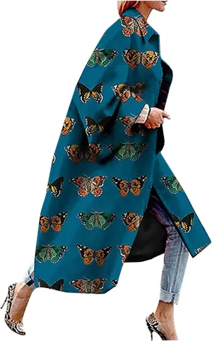 Fashion Women Printed Pocket Jacket Outerwear Cardigan Overcoat Long Trench Coat