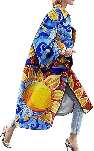 Fashion Women Printed Pocket Jacket Outerwear Cardigan Overcoat Long Trench Coat