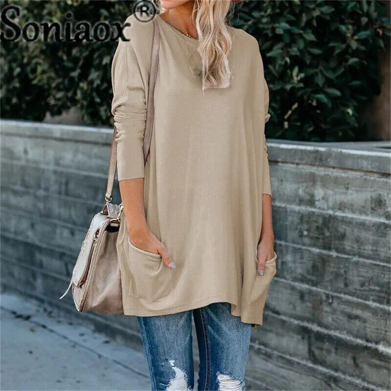 Fashionkova   Autumn Winter Fashion O Neck Pocket Solid Women's T Shirts Tops Casual Long Sleeve Loose Ladies Street T Shirts