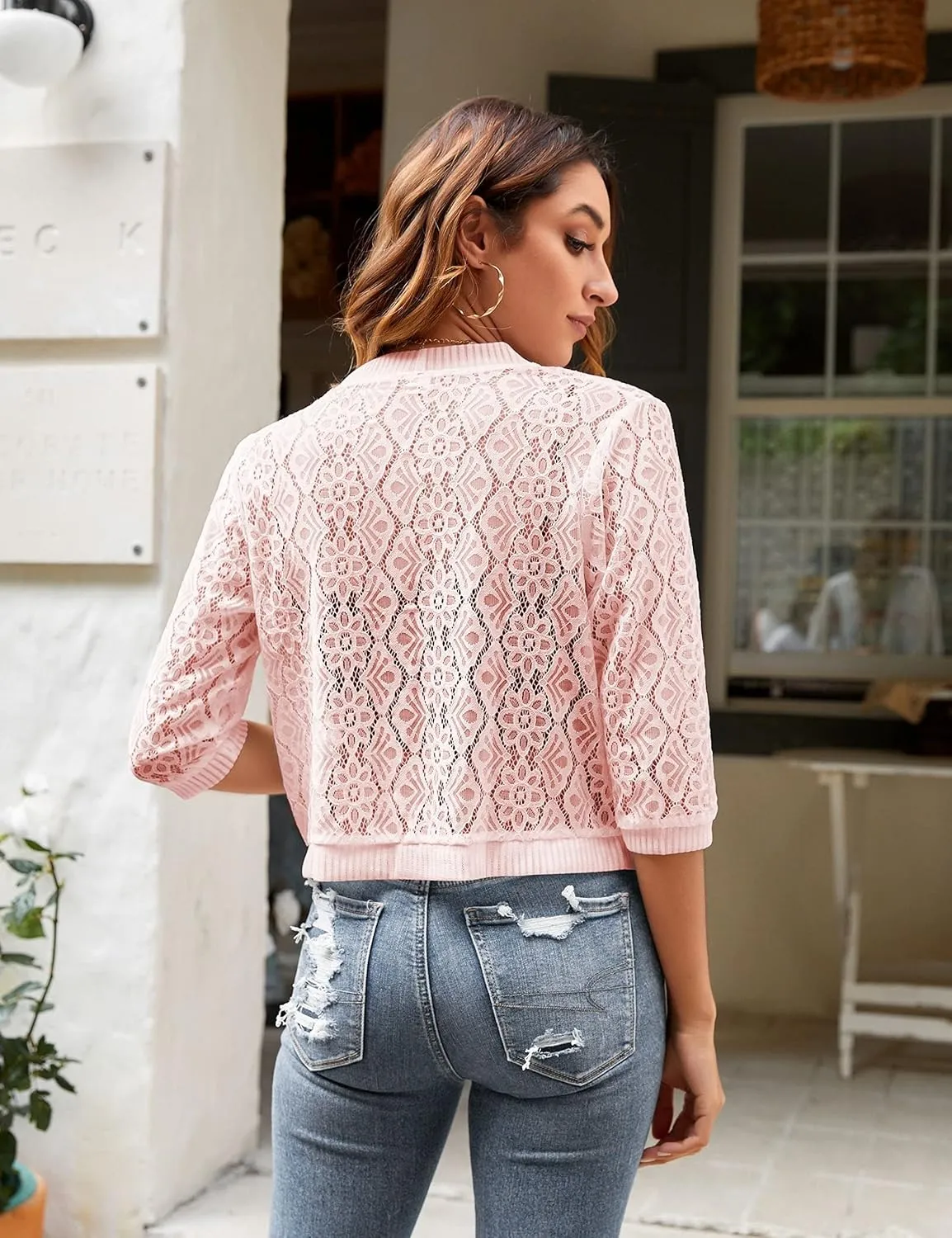 FindThy Womens Casual Summer Lace Cardigan Open Front 3/4 Sleeve Solid Lace Shrug Cover Up