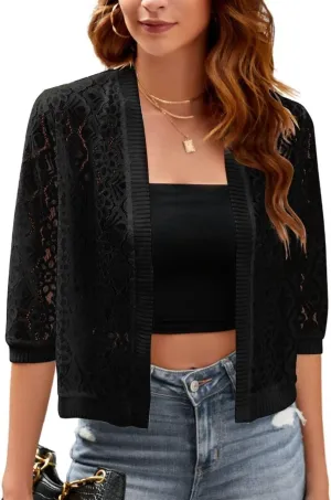 FindThy Womens Casual Summer Lace Cardigan Open Front 3/4 Sleeve Solid Lace Shrug Cover Up