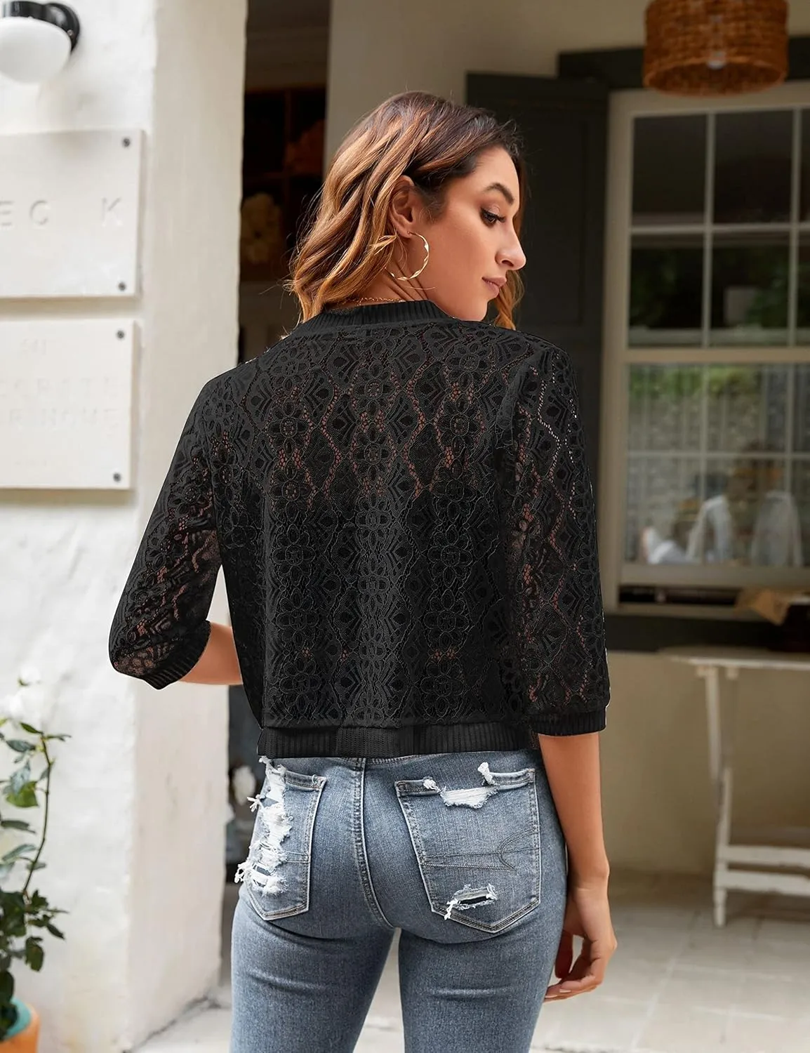 FindThy Womens Casual Summer Lace Cardigan Open Front 3/4 Sleeve Solid Lace Shrug Cover Up