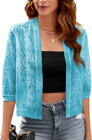 FindThy Womens Casual Summer Lace Cardigan Open Front 3/4 Sleeve Solid Lace Shrug Cover Up