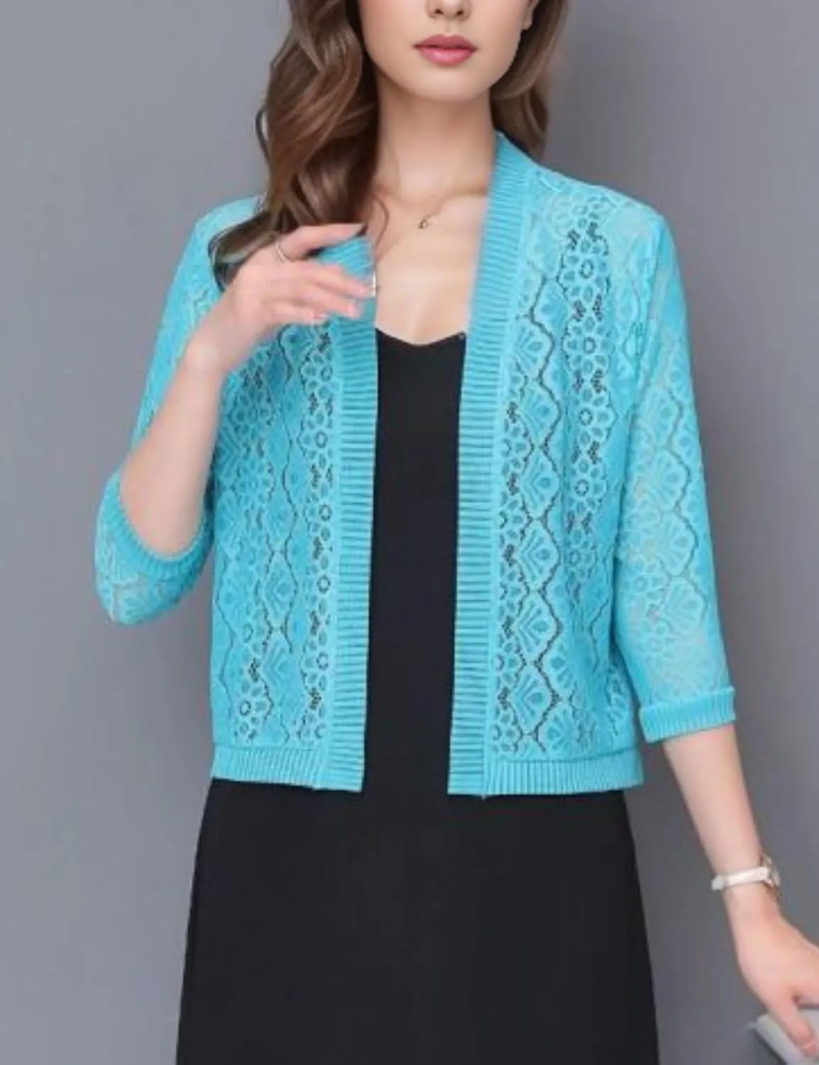 FindThy Womens Casual Summer Lace Cardigan Open Front 3/4 Sleeve Solid Lace Shrug Cover Up