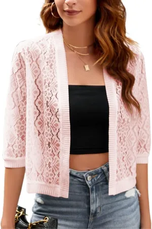 FindThy Womens Casual Summer Lace Cardigan Open Front 3/4 Sleeve Solid Lace Shrug Cover Up