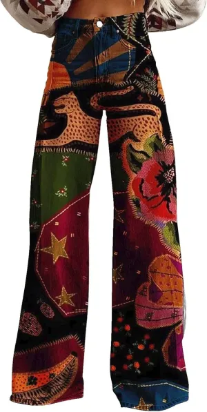 Flare Jeans for Women Wide Leg Jeans Woman Vintage Floral Print High Waisted Straight Stretch Pants with Pockets