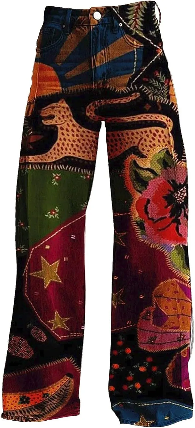 Flare Jeans for Women Wide Leg Jeans Woman Vintage Floral Print High Waisted Straight Stretch Pants with Pockets