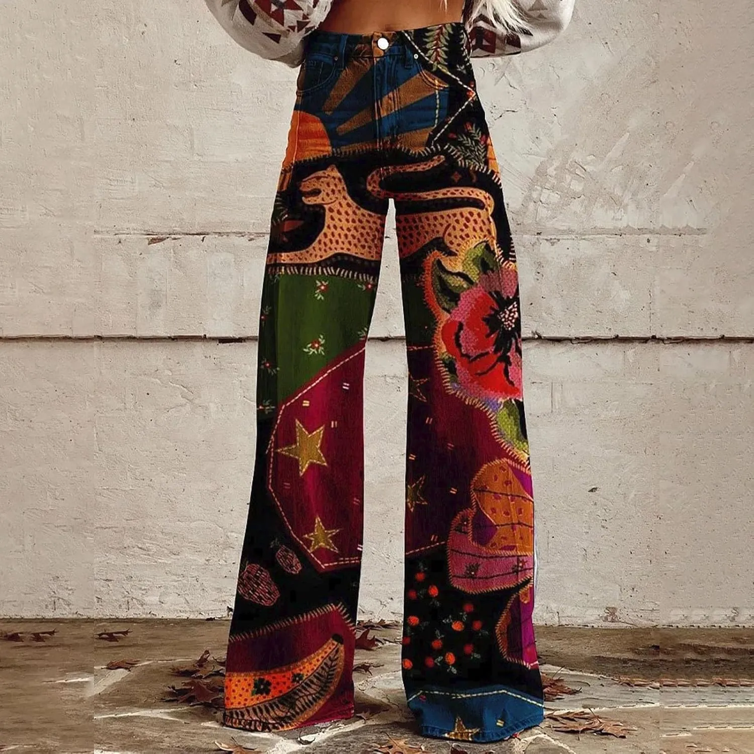 Flare Jeans for Women Wide Leg Jeans Woman Vintage Floral Print High Waisted Straight Stretch Pants with Pockets