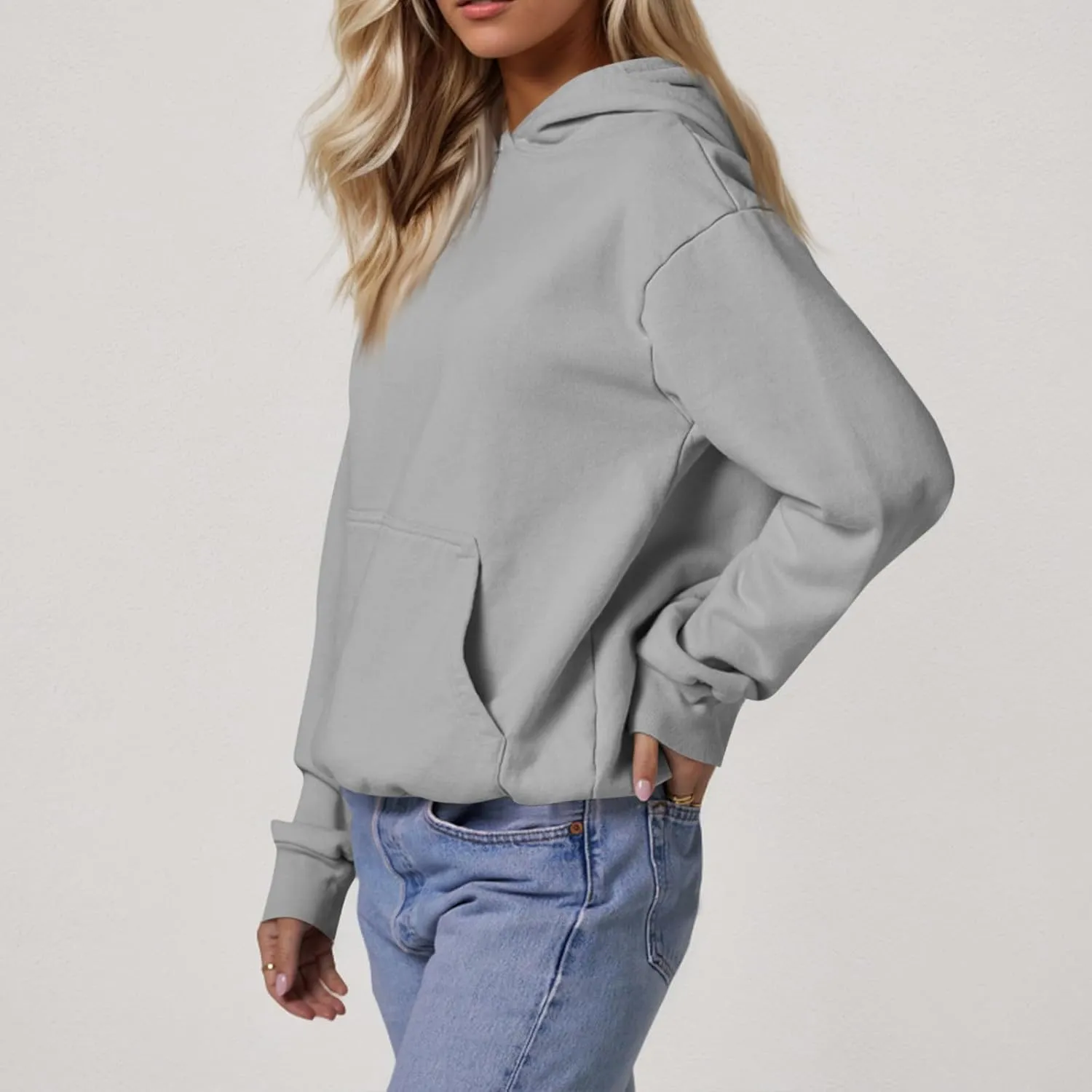 Fleece Hoodie Women Loose Fit Solid Color Oversized Sweaters Long Sleeve Hooded Sweatshirt with Pockets Pullover Tops