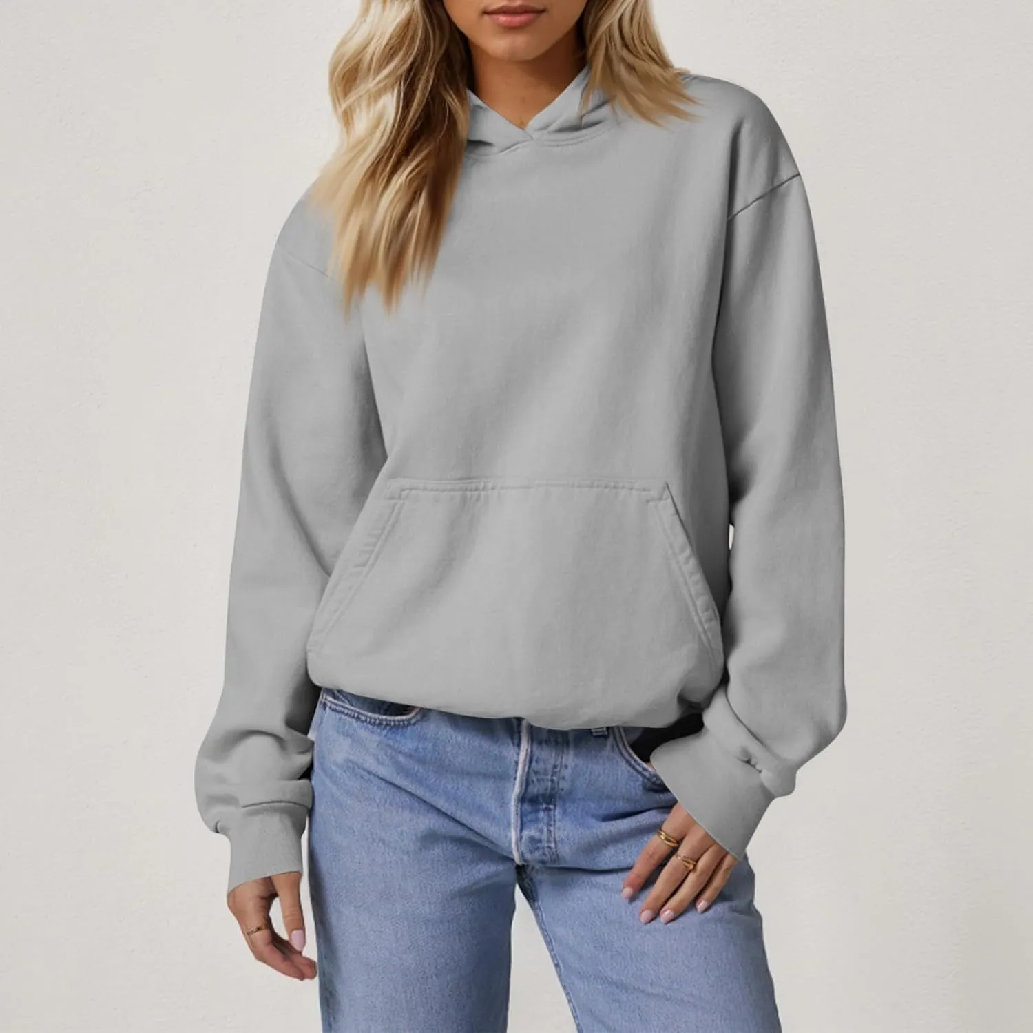 Fleece Hoodie Women Loose Fit Solid Color Oversized Sweaters Long Sleeve Hooded Sweatshirt with Pockets Pullover Tops