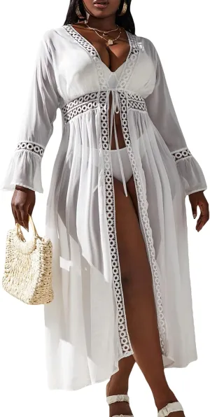Floerns Women's Plus Size Long Sleeve Sheer Mesh Swimwear Kimono Cardigan