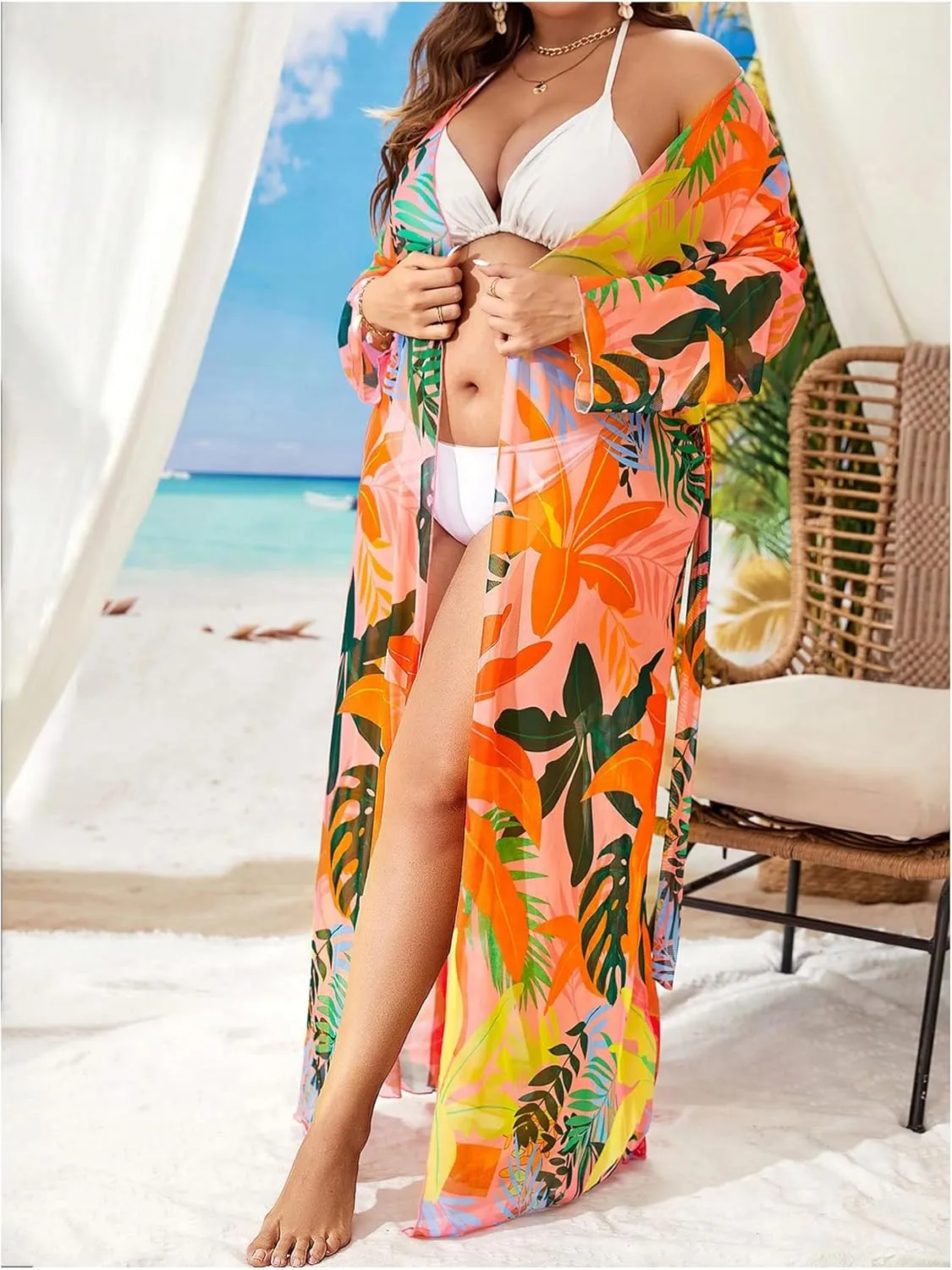 Floerns Women's Plus Size Long Sleeve Sheer Mesh Swimwear Kimono Cardigan