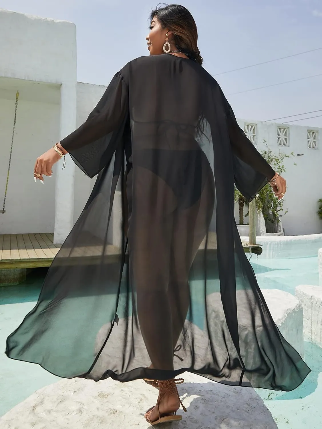 Floerns Women's Plus Size Long Sleeve Sheer Mesh Swimwear Kimono Cardigan