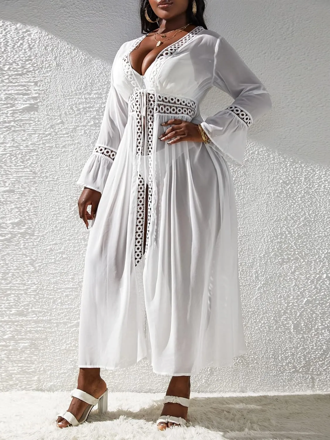 Floerns Women's Plus Size Long Sleeve Sheer Mesh Swimwear Kimono Cardigan