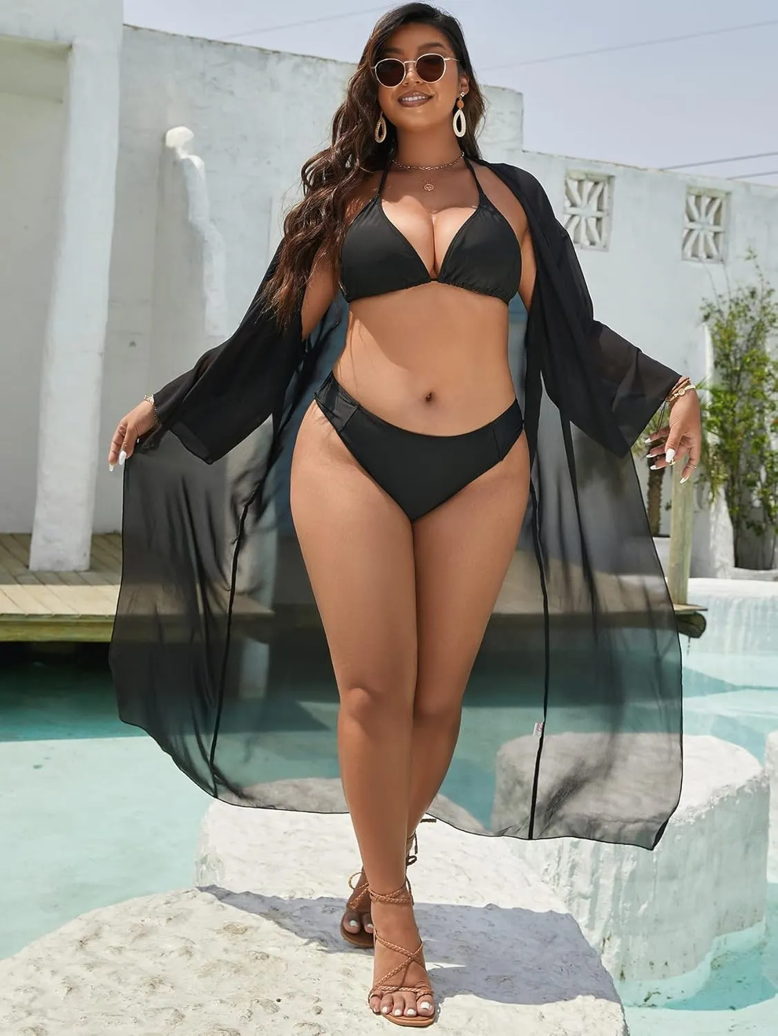 Floerns Women's Plus Size Long Sleeve Sheer Mesh Swimwear Kimono Cardigan