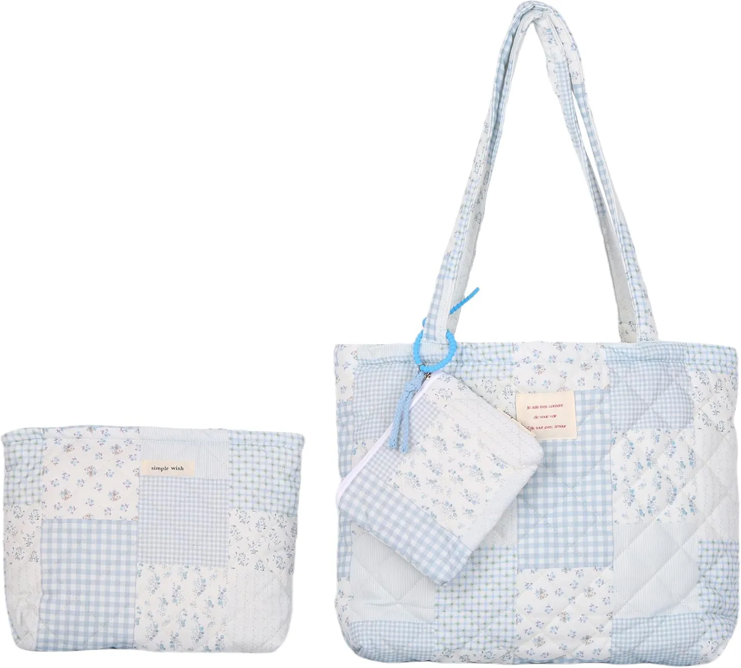 Floral Quilted Cotton Shoulder Bag Set 3-in-1 Handbag with Matching Mini Pouch Cosmetic Bag Large Capacity Tote A053 (Blue)