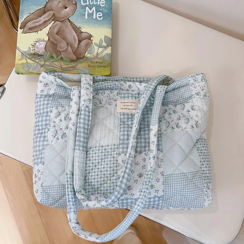 Floral Quilted Cotton Shoulder Bag Set 3-in-1 Handbag with Matching Mini Pouch Cosmetic Bag Large Capacity Tote A053 (Blue)