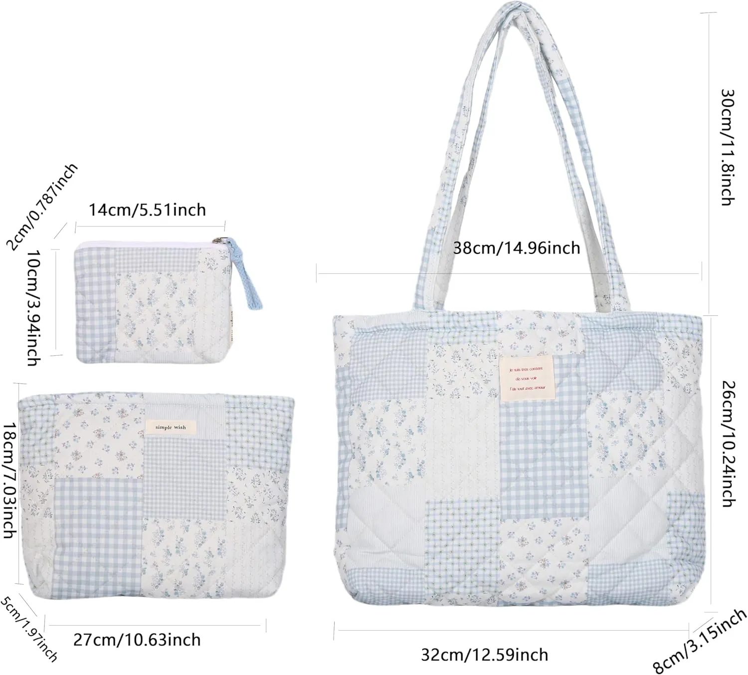 Floral Quilted Cotton Shoulder Bag Set 3-in-1 Handbag with Matching Mini Pouch Cosmetic Bag Large Capacity Tote A053 (Blue)