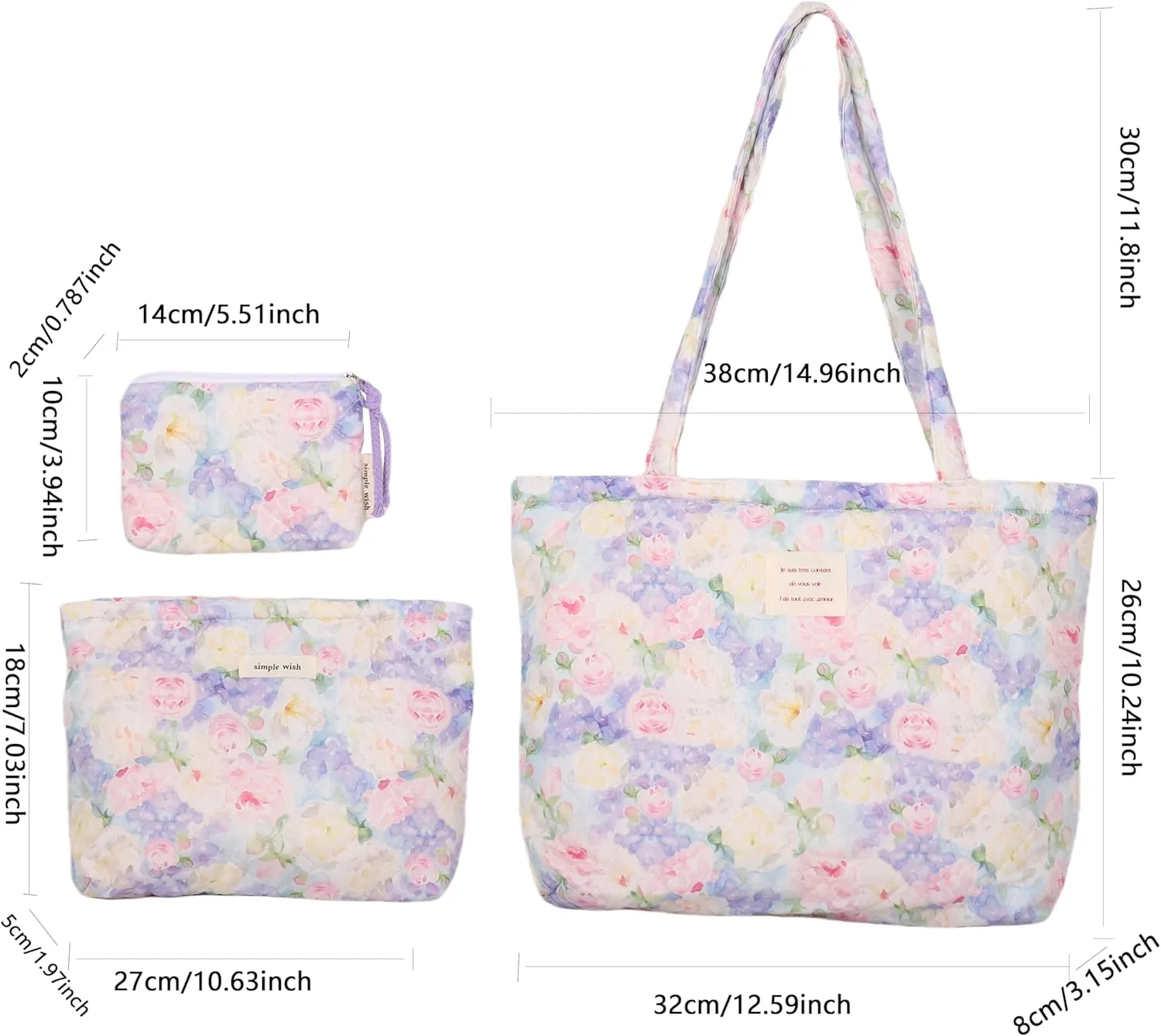 Floral Quilted Cotton Shoulder Bag Set 3-in-1 Handbag with Matching Mini Pouch Cosmetic Bag Large Capacity Tote A053 (Purple)