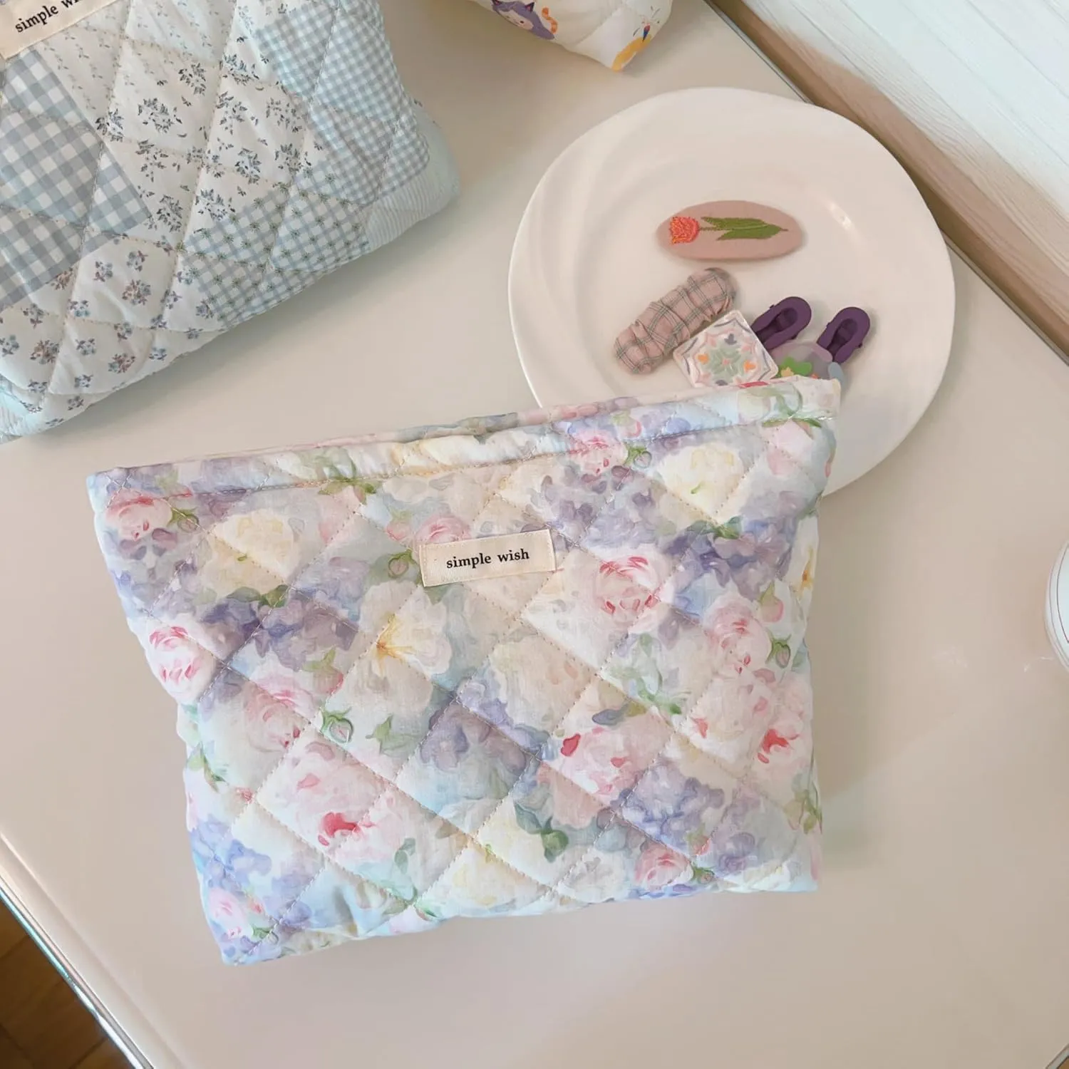 Floral Quilted Cotton Shoulder Bag Set 3-in-1 Handbag with Matching Mini Pouch Cosmetic Bag Large Capacity Tote A053 (Purple)