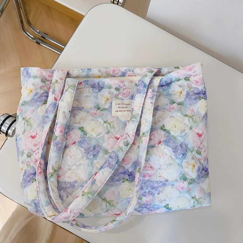 Floral Quilted Cotton Shoulder Bag Set 3-in-1 Handbag with Matching Mini Pouch Cosmetic Bag Large Capacity Tote A053 (Purple)