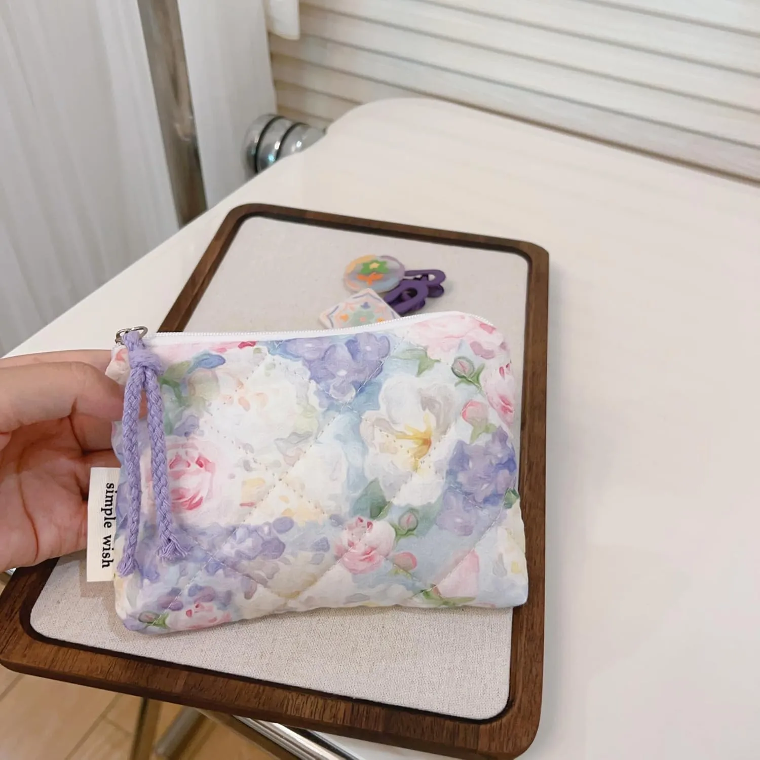 Floral Quilted Cotton Shoulder Bag Set 3-in-1 Handbag with Matching Mini Pouch Cosmetic Bag Large Capacity Tote A053 (Purple)