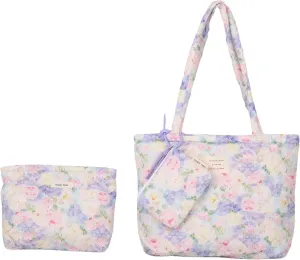 Floral Quilted Cotton Shoulder Bag Set 3-in-1 Handbag with Matching Mini Pouch Cosmetic Bag Large Capacity Tote A053 (Purple)