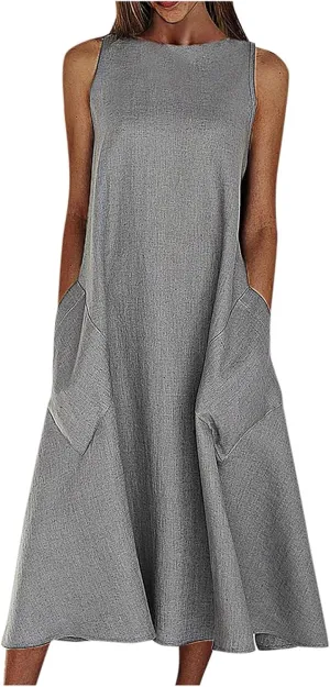 Flowy A Line Plus Size Midi Tank Dress with Pockets Relaxed Fit Going Out Daily Solid Color Dress S-3XL