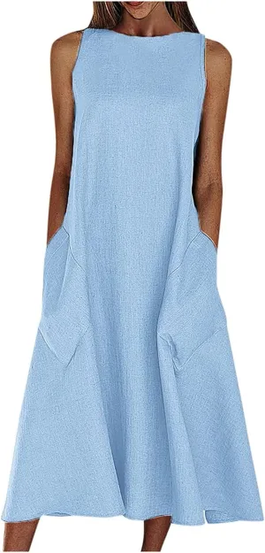 Flowy A Line Plus Size Midi Tank Dress with Pockets Relaxed Fit Going Out Daily Solid Color Dress S-3XL
