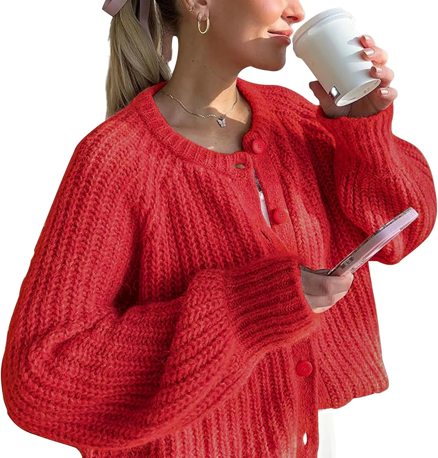 Flygo Women's Cardigan Sweater 2024 Fall Winter Chunky Long Sleeve Button Open Front Knit Solid Loose Cardigans Sweaters