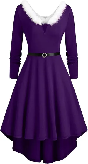 Furry Collar V Neck Band Lace Up Women's Vintage Christmas Swing Prom Party Cocktail Dresses Midi Dress S-5XL