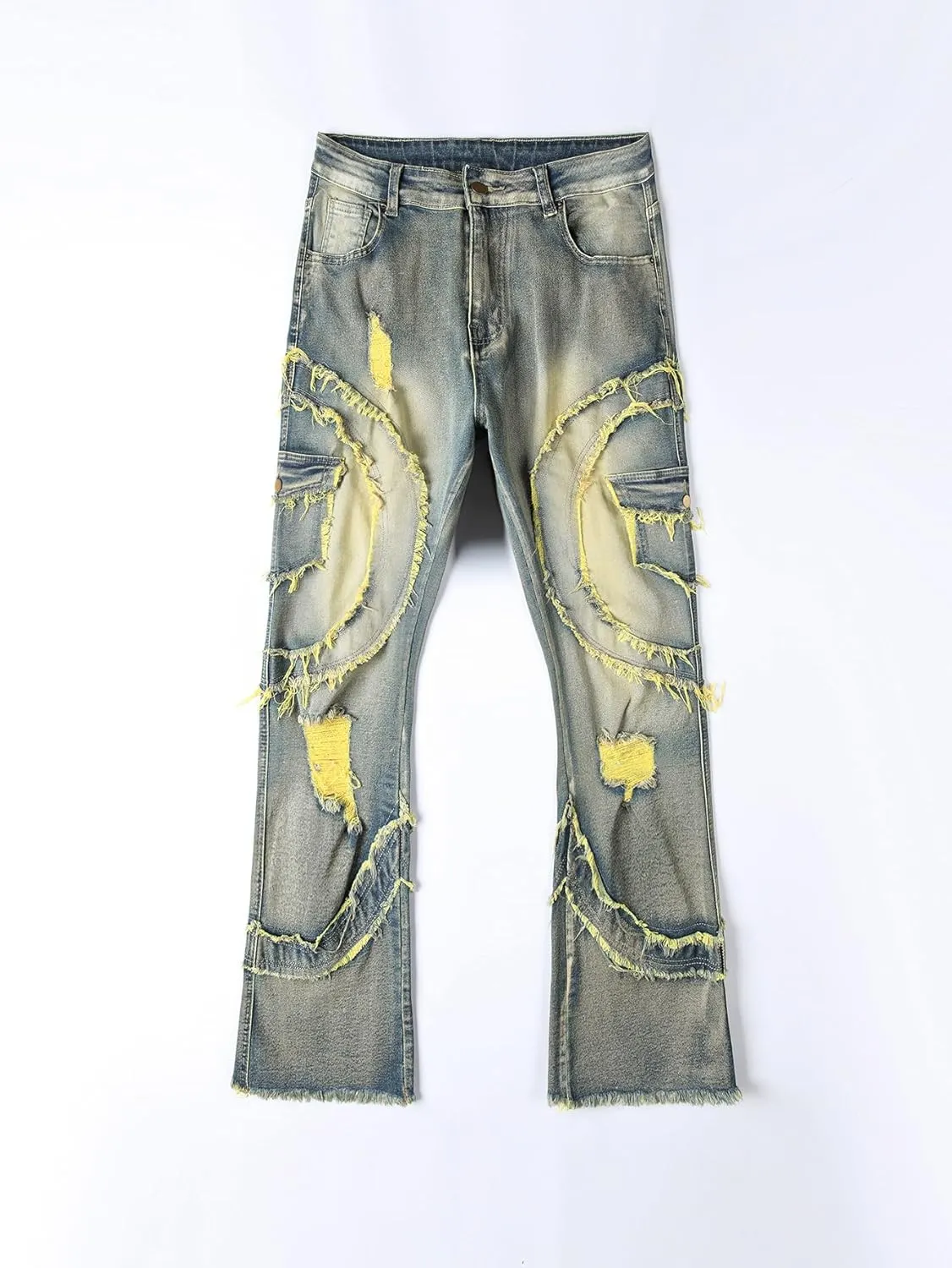 Giraropa Mens Black Stacked Jeans Slim Fit Ripped Jeans Destroyed Straight Denim Pants Harajuku Hip Hop Trouser Streetwear