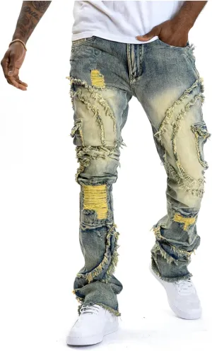 Giraropa Mens Black Stacked Jeans Slim Fit Ripped Jeans Destroyed Straight Denim Pants Harajuku Hip Hop Trouser Streetwear