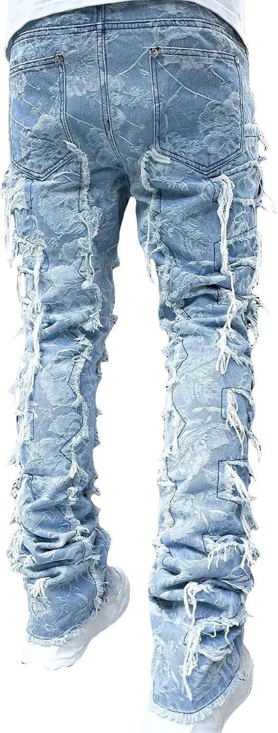 Giraropa Mens Black Stacked Jeans Slim Fit Ripped Jeans Destroyed Straight Denim Pants Harajuku Hip Hop Trouser Streetwear