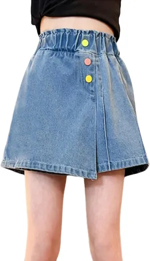 Girls Denim Short Skirt Colorful Buttons High Waist Elastic Kids Trendy Aesthetic Vintage Jeans Dress Loose