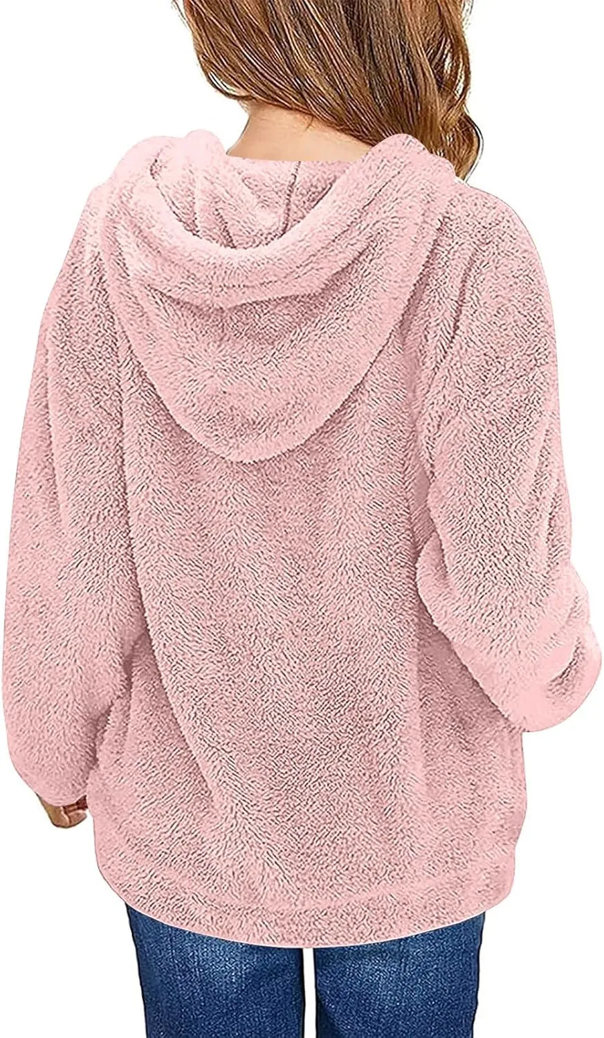 Girls Sherpa Fuzzy Hoodies Fall Winter Soft Comfy Fleece Sweatshirt Long Sleeve Solid Color Pullover Tops with Pocket
