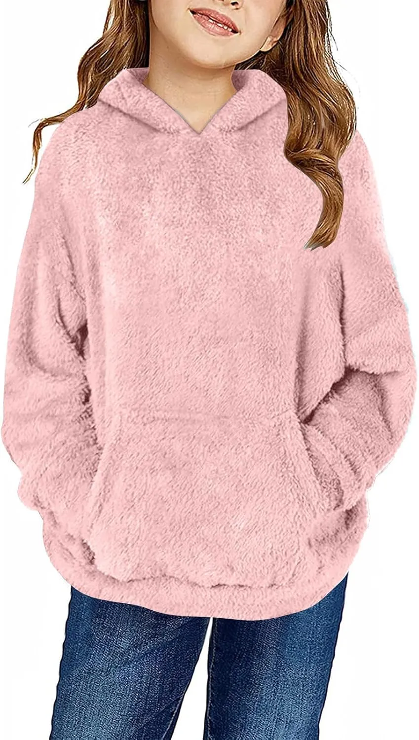 Girls Sherpa Fuzzy Hoodies Fall Winter Soft Comfy Fleece Sweatshirt Long Sleeve Solid Color Pullover Tops with Pocket