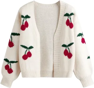 GORGLITTER Girl's Cherry Pattern Open Front Cardigan Long Sleeve Lightweight Knit Sweater Tops