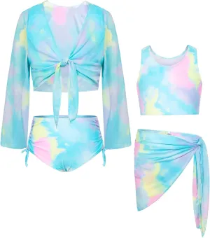 GRACE KARIN Girls Bathing Suit Adjustable Taniki Swimsuit Tie Front 4 Piece Bikini Set with Kimono Cover Up 6-14