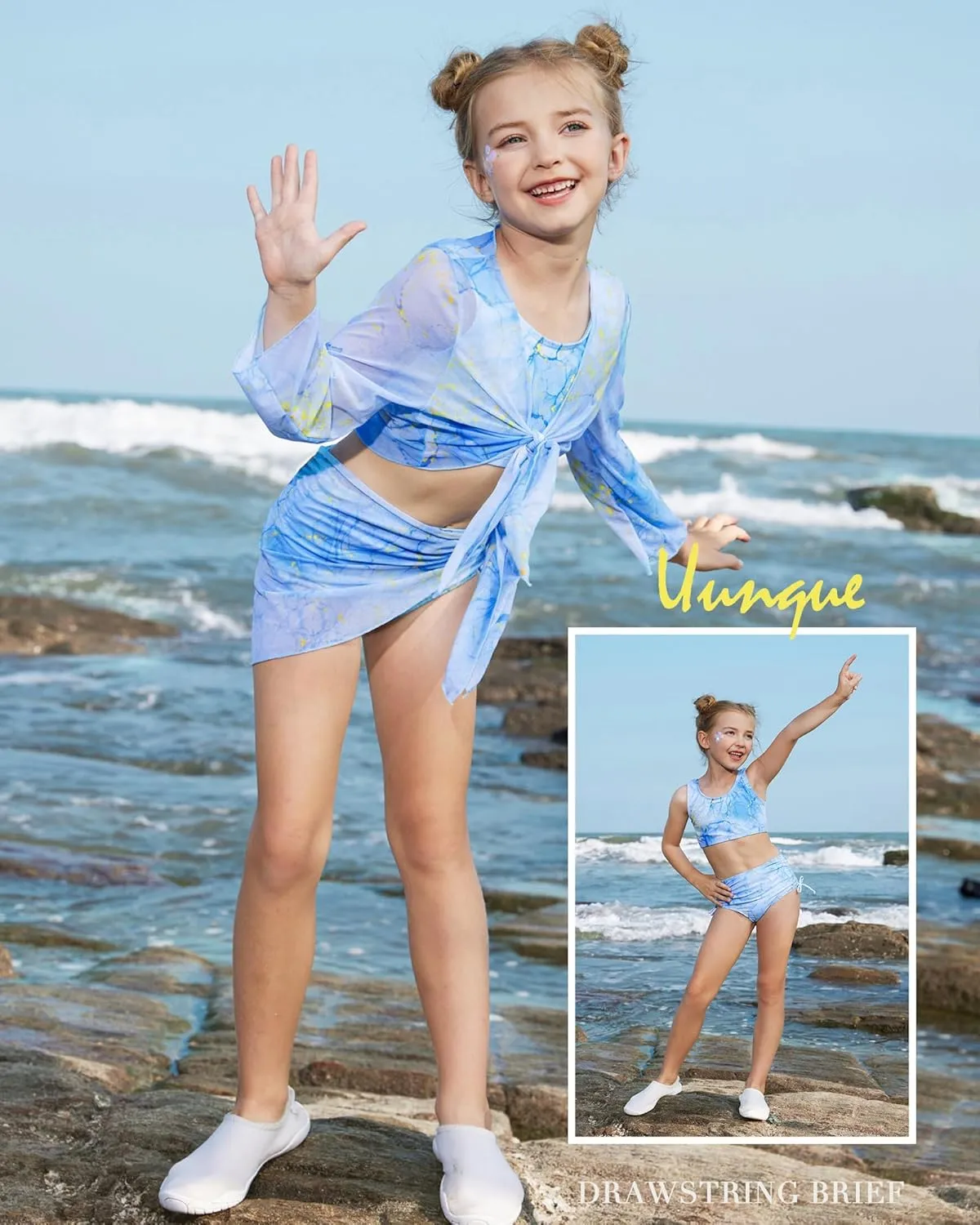 GRACE KARIN Girls Bathing Suit Adjustable Taniki Swimsuit Tie Front 4 Piece Bikini Set with Kimono Cover Up 6-14