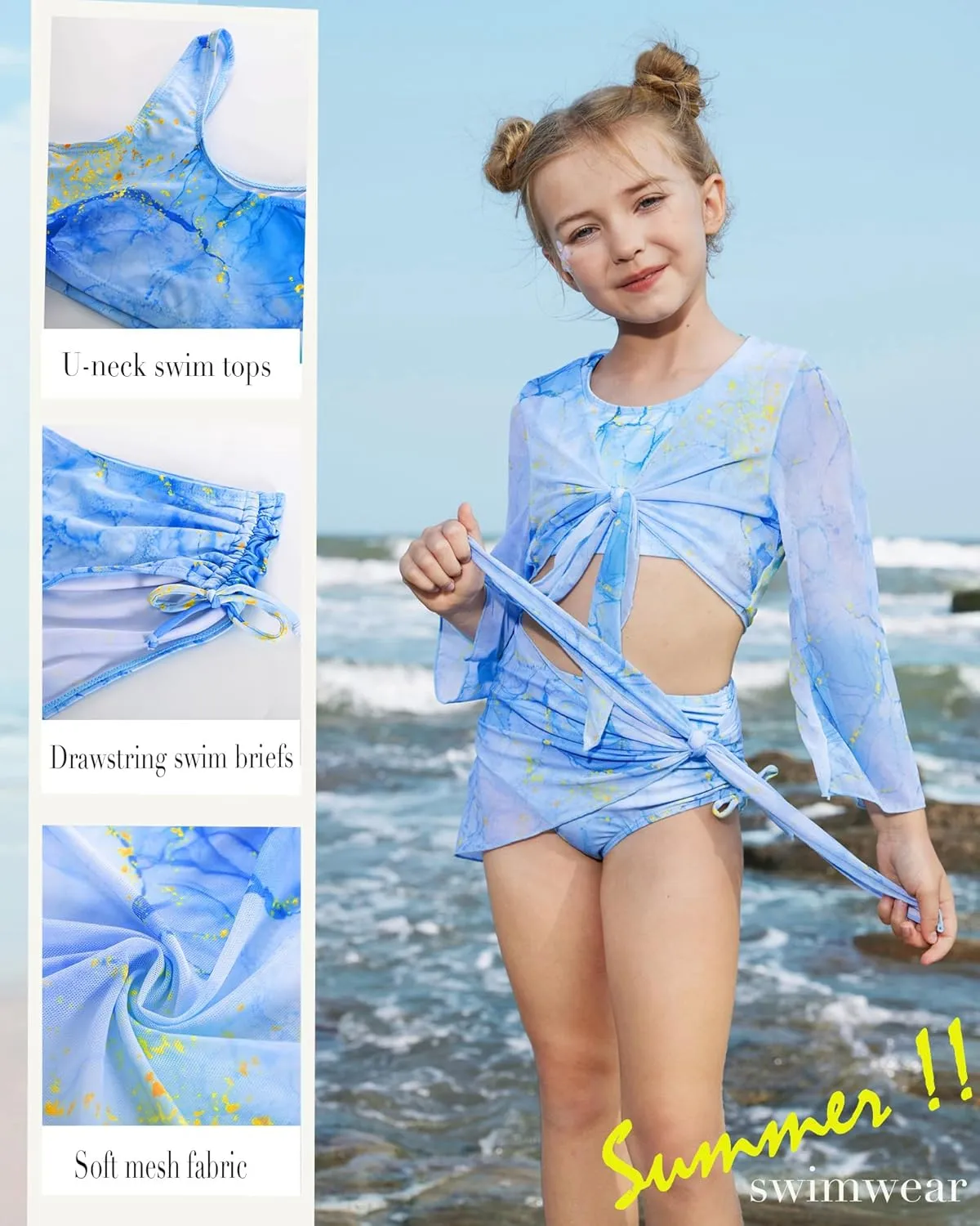 GRACE KARIN Girls Bathing Suit Adjustable Taniki Swimsuit Tie Front 4 Piece Bikini Set with Kimono Cover Up 6-14