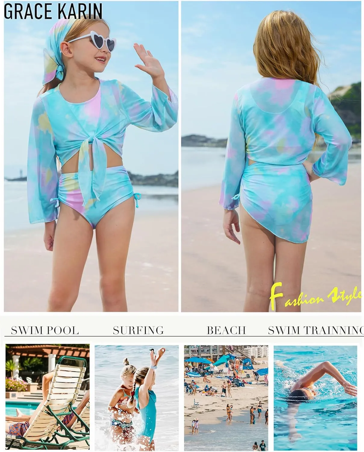 GRACE KARIN Girls Bathing Suit Adjustable Taniki Swimsuit Tie Front 4 Piece Bikini Set with Kimono Cover Up 6-14