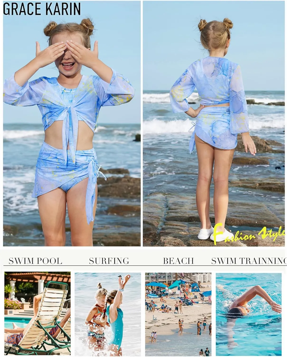 GRACE KARIN Girls Bathing Suit Adjustable Taniki Swimsuit Tie Front 4 Piece Bikini Set with Kimono Cover Up 6-14